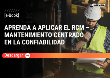 Portada del e-Book Aprenda a aplicar el RCM por Engeman®, con un operador con casco blanco y chaleco reflectante comunicándose por radiotransmisor mientras revisa documentos, junto a un botón rojo de descarga.