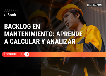 Portada del e-Book Backlog en Mantenimiento de Engeman, mostrando un diseño azul con engranajes e iconos de gestión del tiempo y carga de trabajo acumulada.