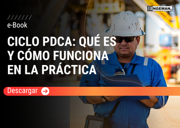 Portada del e-Book Ciclo PDCA en la práctica por Engeman, con fondo azul e iconos circulares que representan las etapas de planificar, hacer, verificar y actuar junto a engranajes.