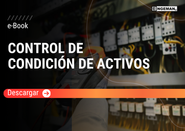 Portada del e-Book Control de Condición de Activos por Engeman, con un diseño moderno en tonos azules, elementos gráficos de monitoreo industrial y engranajes mecánicos.