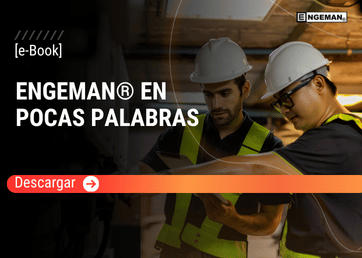 Portada del e-Book Engeman® en Pocas Palabras, que muestra a dos técnicos portando cascos blancos y chalecos de alta visibilidad colaborando con una tablet en una planta industrial, con un botón rojo de descarga.