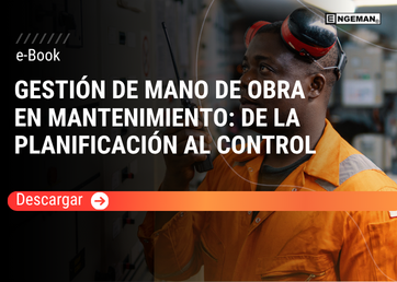 Portada del e-Book Gestión de Mano de Obra en Mantenimiento de Engeman, con fondo azul oscuro, iconos de gestión de equipos, cronogramas y engranajes industriales.