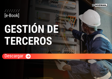 Portada del e-Book Gestión de Terceros por Engeman®, con un técnico electricista portando casco de seguridad e inspeccionando un cuadro eléctrico industrial, acompañado de un botón rojo de descarga.
