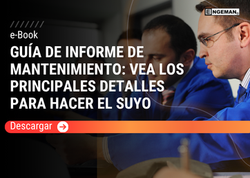 Portada del e-Book Guía de informe de Mantenimiento por Engeman, con fondo azul oscuro, iconos de documentos de reporte, engranajes y analítica de datos.