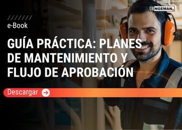Portada del e-Book de Engeman que muestra una guía práctica sobre planes de mantenimiento y flujos de aprobación, con fondo azul, engranajes e iconos de procesos de validación.