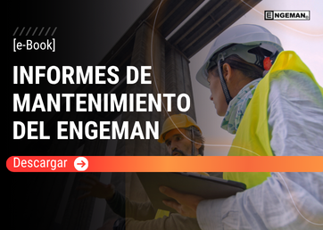 Portada del e-Book Informes de Mantenimiento del Engeman®, con dos ingenieros con cascos de seguridad observando una obra en construcción al atardecer bajo una grúa torre, junto a un botón rojo de descarga.