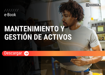 Portada del e-Book Mantenimiento y Gestión de Activos de Engeman, que presenta un fondo azul corporativo, engranajes interconectados y gráficos de rendimiento industrial.