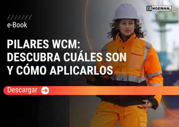 Portada del e-Book Pilares WCM de Engeman, con fondo azul, engranajes industriales y elementos gráficos que simbolizan las columnas de la Manufactura de Clase Mundial.