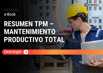 Portada del e-Book Resumen TPM de Engeman, con diseño en tonos azules, engranajes mecánicos y un icono que representa la eficiencia y la productividad total de los equipos.