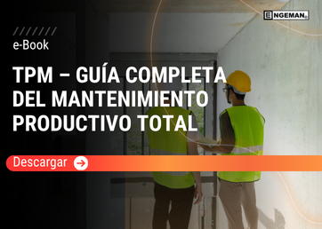 Portada del e-Book Guía Completa de TPM de Engeman, con fondo azul, engranajes entrelazados y elementos visuales enfocados en la mejora continua y productividad industrial.