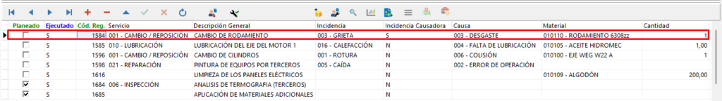 Pantalla de Registros de Servicio de una O.T. de Engeman ®