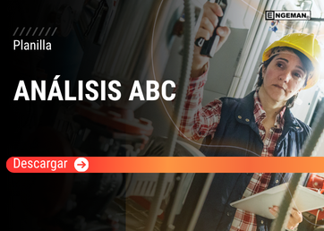 Imagen promocional de una plantilla de Análisis ABC. Muestra a una operaria de mantenimiento con casco amarillo y camisa a cuadros inspeccionando maquinaria industrial mientras sostiene una libreta de anotaciones. El título 