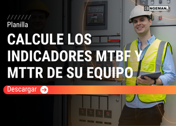 Imagen promocional de una plantilla para el cálculo de indicadores de mantenimiento. Muestra a un técnico sonriendo, con casco blanco, chaleco reflectante y sosteniendo una tablet frente a un panel eléctrico industrial. El título 