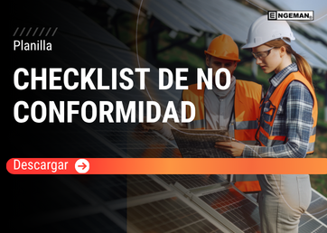 Imagen promocional de una plantilla de Checklist de No Conformidad. Muestra a dos especialistas con cascos y chalecos de seguridad inspeccionando una instalación de paneles solares. El título 