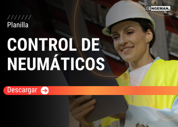 Imagen promocional de una plantilla de Control de Neumáticos, mostrando a una ingeniera con casco blanco y chaleco reflectante sonriendo mientras revisa una tablet digital. El título 