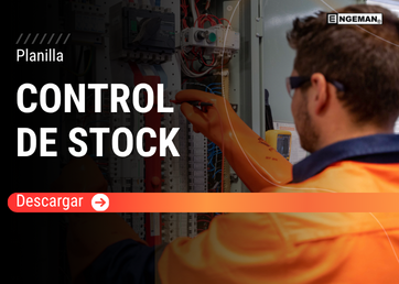 Imagen promocional de una plantilla de Control de Stock para mantenimiento. Muestra a un técnico con guantes aislantes trabajando en un panel eléctrico. Destaca el texto 