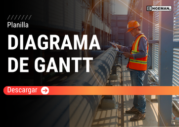 Imagen promocional de una plantilla de Diagrama de Gantt. Muestra a un operario con casco naranja y chaleco de seguridad revisando documentos junto a una gran tubería en un entorno industrial. El título 