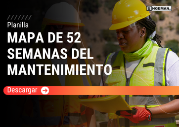 Imagen promocional de una plantilla del Mapa de 52 Semanas del Mantenimiento. Muestra a dos operarias de mantenimiento con cascos amarillos, chalecos reflectantes y guantes revisando anotaciones en una carpeta. El texto 