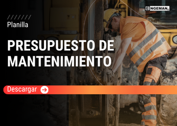 Imagen promocional de una plantilla de Presupuesto de Mantenimiento con un operario inspeccionando maquinaria pesada de construcción. El texto 